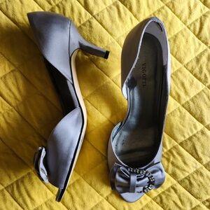 Vigotti Silver Satin Peep-Toe Heels with Bow and Crystal Detail
